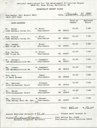 Membership Report Blank, Charleston Branch of the NAACP, Barbara Kingston, December 31, 1990