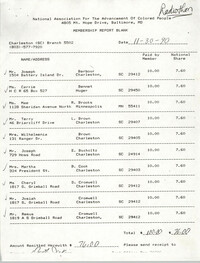 Membership Report Blank, Charleston Branch of the NAACP, Dorothy Jenkins, November 30, 1990