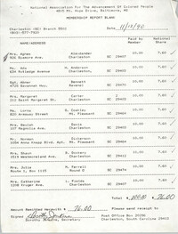 Membership Report Blank, Charleston Branch of the NAACP, Dorothy Jenkins, November 13, 1990