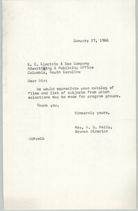 Letter from Anna D. Kelly to S. C. Electric and Gas Company, January 27, 1966