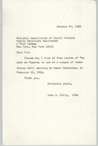 Letter from Anna D. Kelly to National Association of Social Workers, January 24, 1966