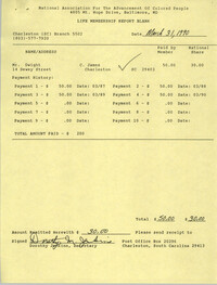 Life Membership Report Blank, Charleston Branch of the NAACP, Dorothy Jenkins, March 31, 1990