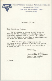 Letter from Christine O. Jackson to Y.W.C.A. of October 31, 1967