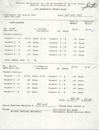 Life Membership Report Blank, Charleston Branch of the NAACP, Dorothy Jenkins, December 15, 1990