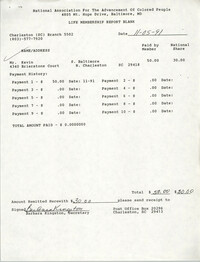 Life Membership Report Blank, Charleston Branch of the NAACP, Barbara Kingston, November 5, 1991