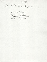 Handwritten Report, Golf Income/Expenses, June 7, 1994