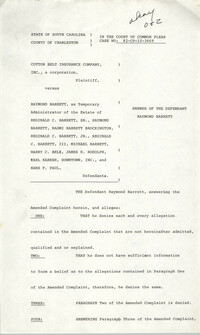 Answer of the Defendant Raymond Barrett, draft, 1985