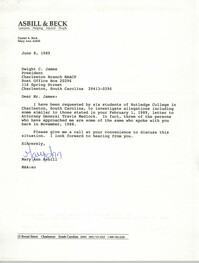 Letter from Mary Ann Asbill to Dwight C. James, June 8, 1989