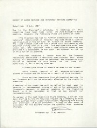 Report of Armed Service and Veterans' Affairs Committee, K.W. Merritt, July 8, 1987