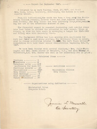 Monthly Report for the Coming Street Y.W.C.A., September 1927
