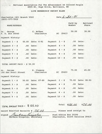 Life Membership Report Blank, Charleston Branch of the NAACP, Barbara Kingston, June 30, 1991