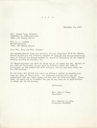 Letter from Mrs. John C. Hawk and Mrs. Russell D. Long to Mrs. Joseph King and Christine O. Jackson, December 19, 1967