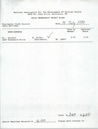 Youth Membership Report Blank, Charleston Youth Council, NAACP, July 15, 1990