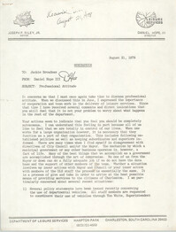 City of Charleston Department of Leisure Services Memorandum, August 21, 1978