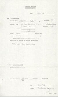 Community Relations Assistance Request, September 15, 1986