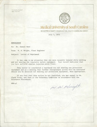 Medical University of South Carolina Memorandum, July 7, 1975
