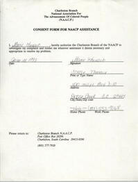 Consent Form for NAACP Assistance Signed by Stacie Theroux, June 28, 1993