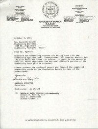 Letter from Barbara Kingston to Isazetta Spikes, October 5, 1991
