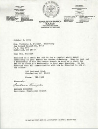 Letter from Barbara Kingston to Victoria J. Forrest, October 2, 1991