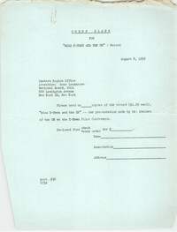 Order Blank, Eastern Region Office of the Y.W.C.A., August 8, 1952