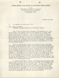National Council of the Business and Professional Women's Assembly of the Y.W.C.A. Memorandum, November 12, 1948
