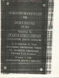 Award, Charleston Branch of the NAAACP 1986 Golden Heritage Award, Lockheed-Georgia Company, Freedom Fund Banquet, October 4, 1986