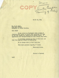 Santee-Cooper: Correspondence between Richard I. Lane and Senator Burnet R. Maybank, March 1944