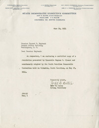 Democratic Committee: Correspondence Concerning a Certified Copy of the Resolution of Hon. Eugene S. Blease, Adopted by the Democratic Convention of South Carolina