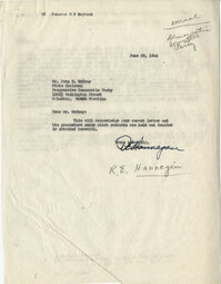 Democratic Committee: Copy of a Letter from R. E. Hannegin to John H. McCray (Chairman of the Progressive Democratic Party), June 1944