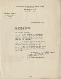Democratic Committee: Letter from Donald M. Lathrom (Director of the Speakers Bureau of the Democratic National Committee) to Senator Burnet R. Maybank, September 18, 1944