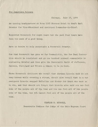 Democratic Committee: Release from Charles H. Hubbell (Democratic Nominee for Judge of the Ohio Supreme Court), July 17, 1944