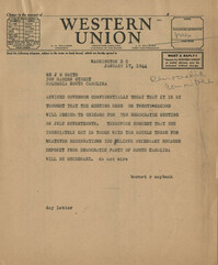 Democratic Committee: Telegrams from Senator Burnet R. Maybank to J. M. Smith and Winchester Smith, January 17, 1944
