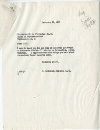 Correspondence between Representative E. L. Forrester, Winfield T. Martin, and Representative L. Mendel Rivers, Feburary 20, 1957