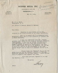 Democratic Committee: Correspondence between Henry Wood (Mayor of Westminster, South Carolina) and D. A. Smith (Senator Maybank's Secretary), May 1944