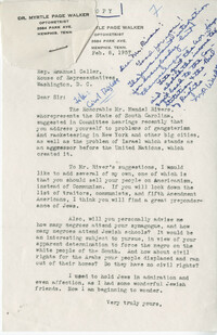 Letter from Dr. Myrtle Page Walker to  Representative Emanuel Celler, February 8, 1957