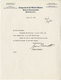 Letter from Representative James Roosevelt to Representative L. Mendel Rivers, April 30, 1957