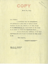 Democratic Committee: Correspondence between Henry W. Lockwood (Mayor of Charleston, South Carolina) and Senator Burnet R. Maybank, March 1944