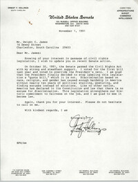 Letter from Ernest F. Hollings to Dwight C. James, November 1, 1991