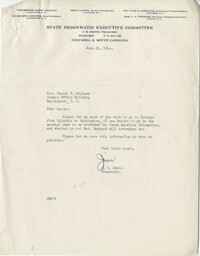 Democratic Committee: Correspondence between J. M. Smith (Treasurer of the South Carolina State Democratic Executive Committee) and Senator Burnet R. Maybank, June 1944