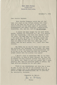 Democratic Committee: Correspondence between Reverand James A. McElroy and Senator Burnet R. Maybank, November 1944