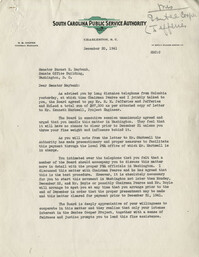 Santee-Cooper: Letter from Robert M. Cooper (General Manager of the South Carolina Public Service Authority) to Senator Burnet R. Maybank, December 20, 1941