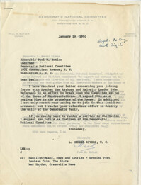 Correspondence between Paul M. Butler, Chairman of the Democratic National Committee, to Representative L. Mendel Rivers, January 29, 1960