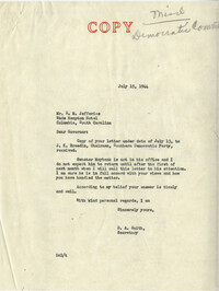 Democratic Committee: Correspondence between J. K. Breedin (Chairman of the Southern Democratic Party) and Richard M. Jeffries (former South Carolina Governor), July 1944