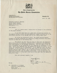 Democratic Committee: Correspondence between W. J. Cormack (South Carolina Public Service Commission) and Senator Burnet R. Maybank, April 1944