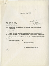 Letter from Mrs. John W. Red to Representative L. Mendel Rivers, September 9, 1959