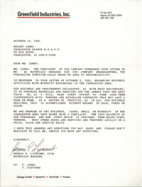 Letter from Dennis E. Lipscomb to Dwight James, October 14, 1991