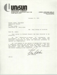 Letter from James Edwards to Dwight James, October 17, 1991