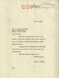 Santee-Cooper: Correspondence between C. F. Korn (President of Korn Industries, Inc.) and Senator Burnet R. Maybank, April 1944