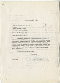 Correspondence between Pastor Marion A. Woodson and Representative L. Mendel Rivers, August-September 1957
