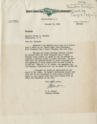 Santee-Cooper: Letter from Robert M. Cooper (General Manager of the South Carolina Public Service Authority) to Senator Burnet R. Maybank, January 22, 1942